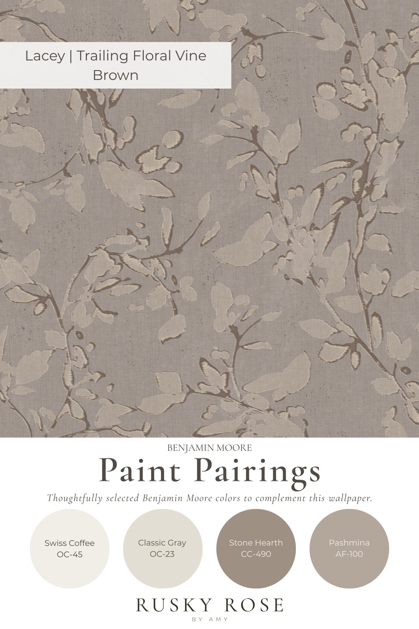 Lacey trailing floral vine brown wallpaper with taupe and cream leaves.