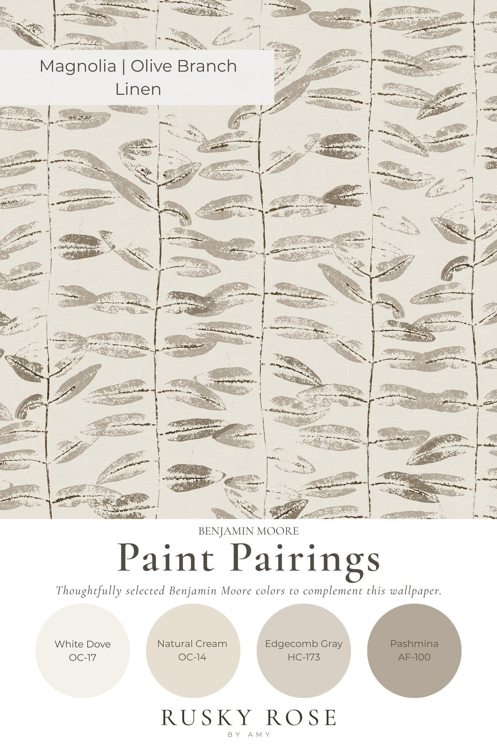 Magnolia olive branch linen wallpaper with taupe botanical pattern.