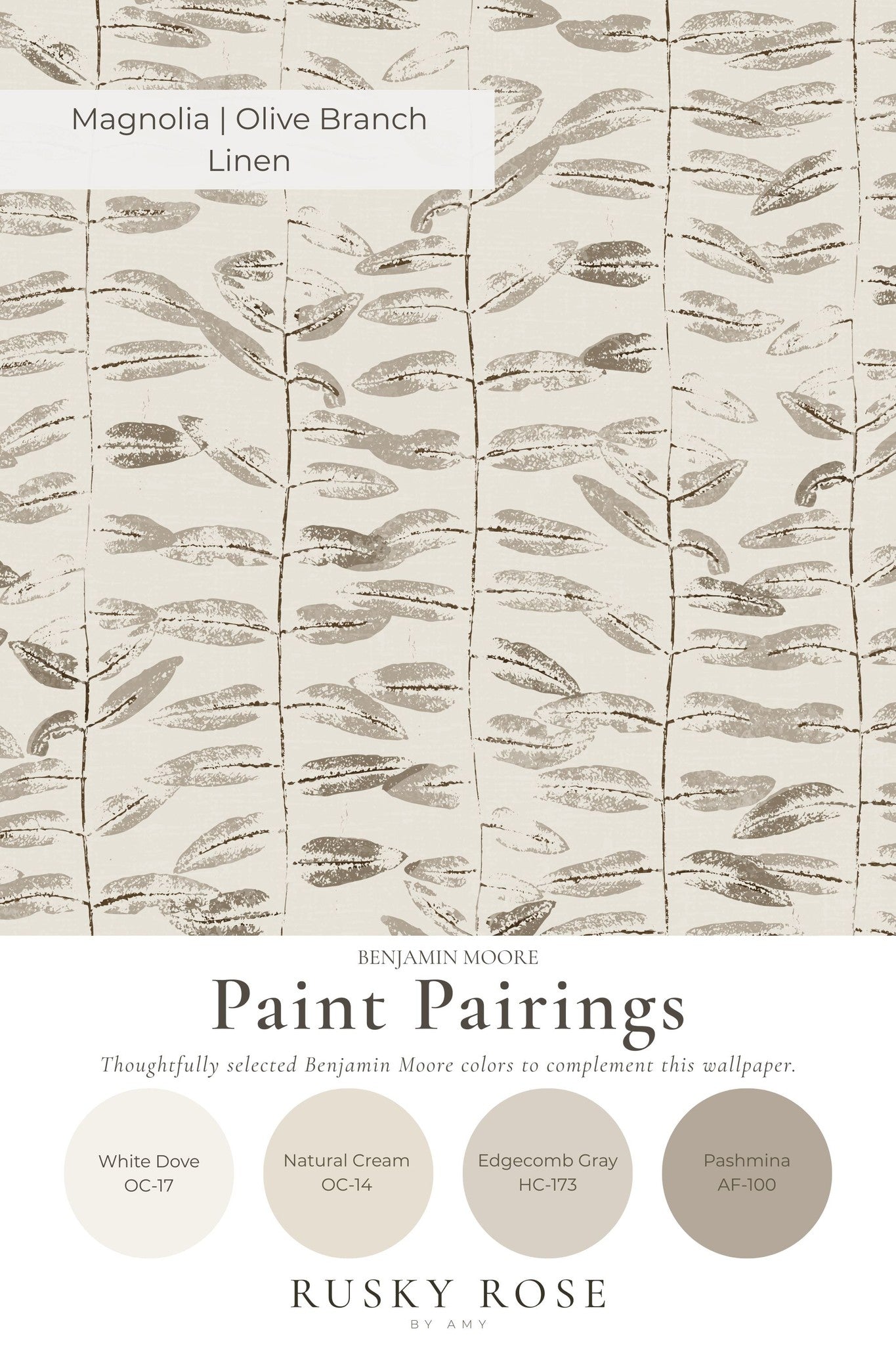 Magnolia olive branch linen wallpaper with taupe botanical pattern.