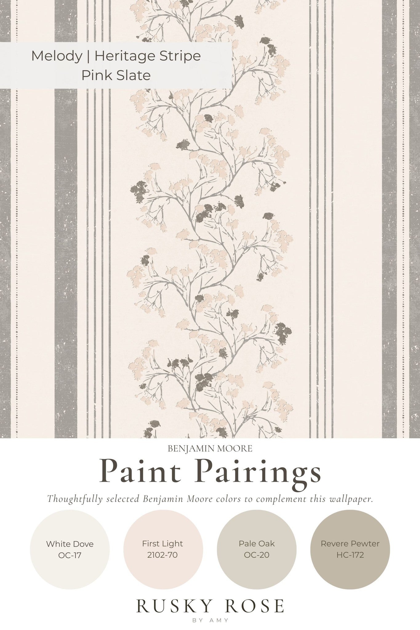Melody Heritage Stripe wallpaper with pink and slate floral pattern.
