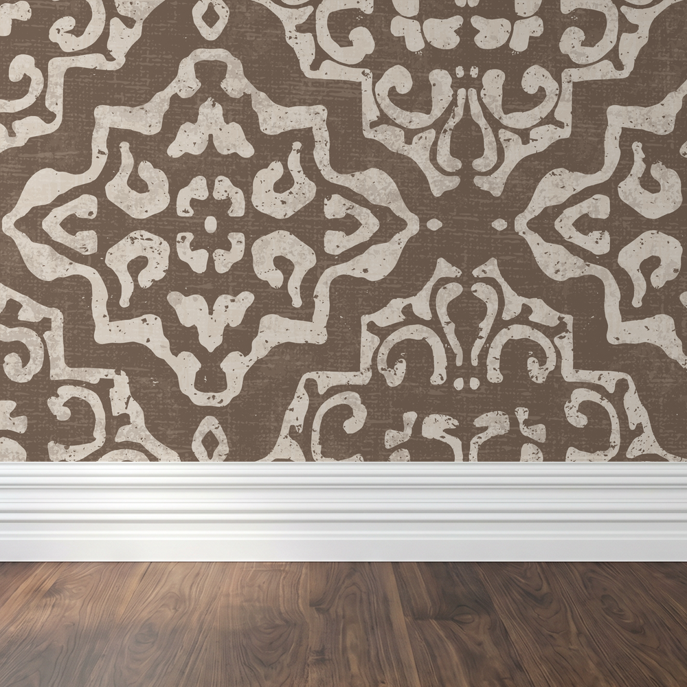 Mocha and cream antique damask wallpaper with ornate geometric pattern.