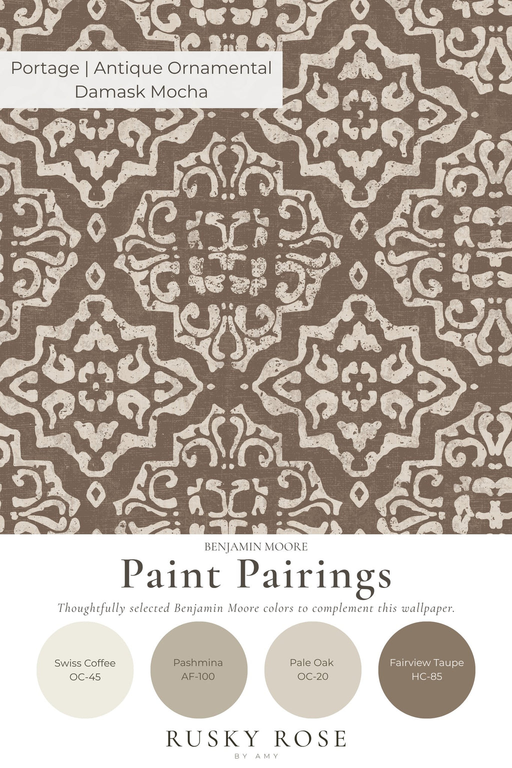 Mocha and cream damask wallpaper with ornate geometric pattern.