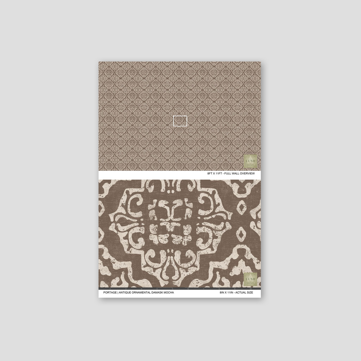 Mocha and cream damask wallpaper with intricate geometric pattern sample.