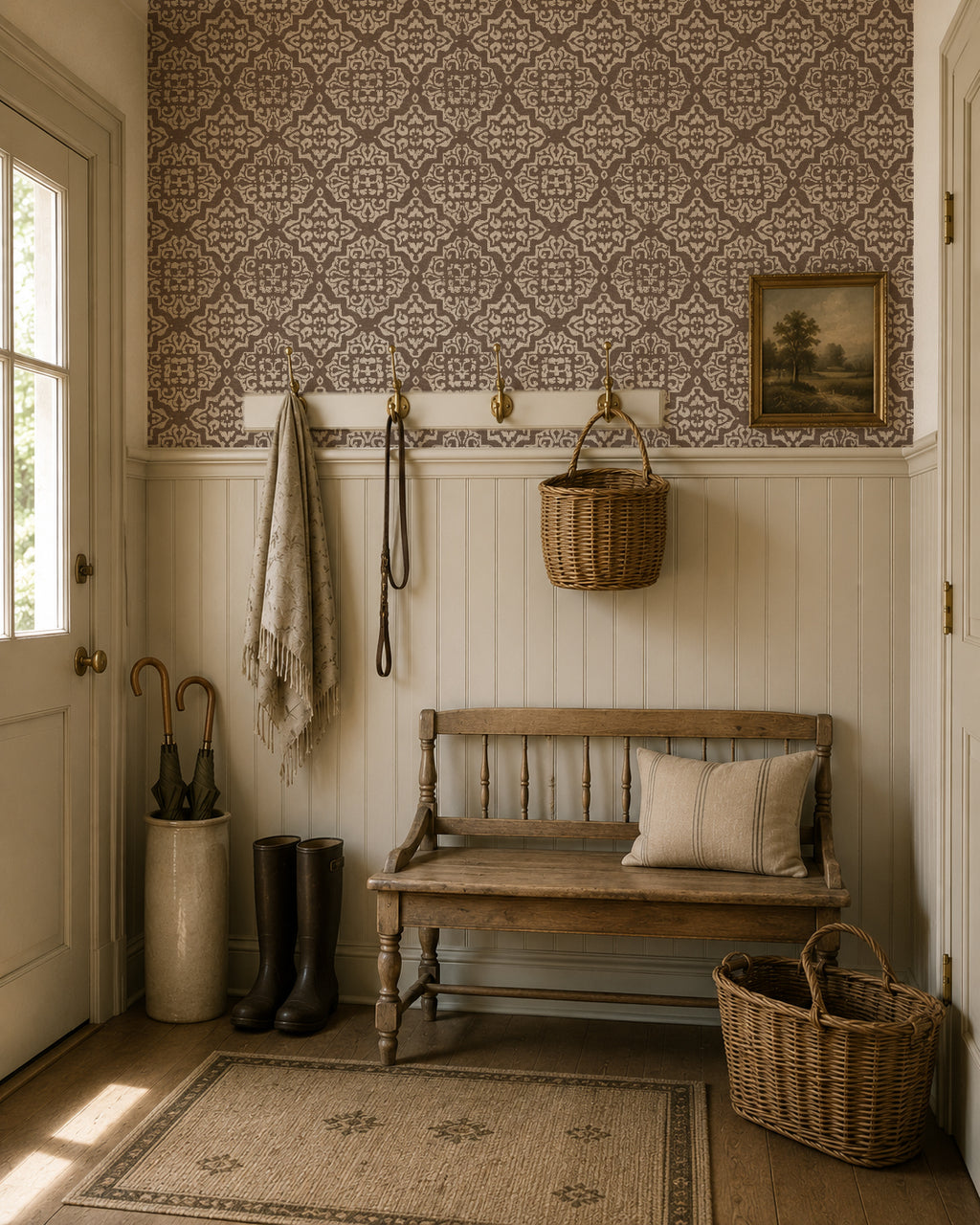 Mocha and cream damask wallpaper in vintage entryway with bench and baskets.