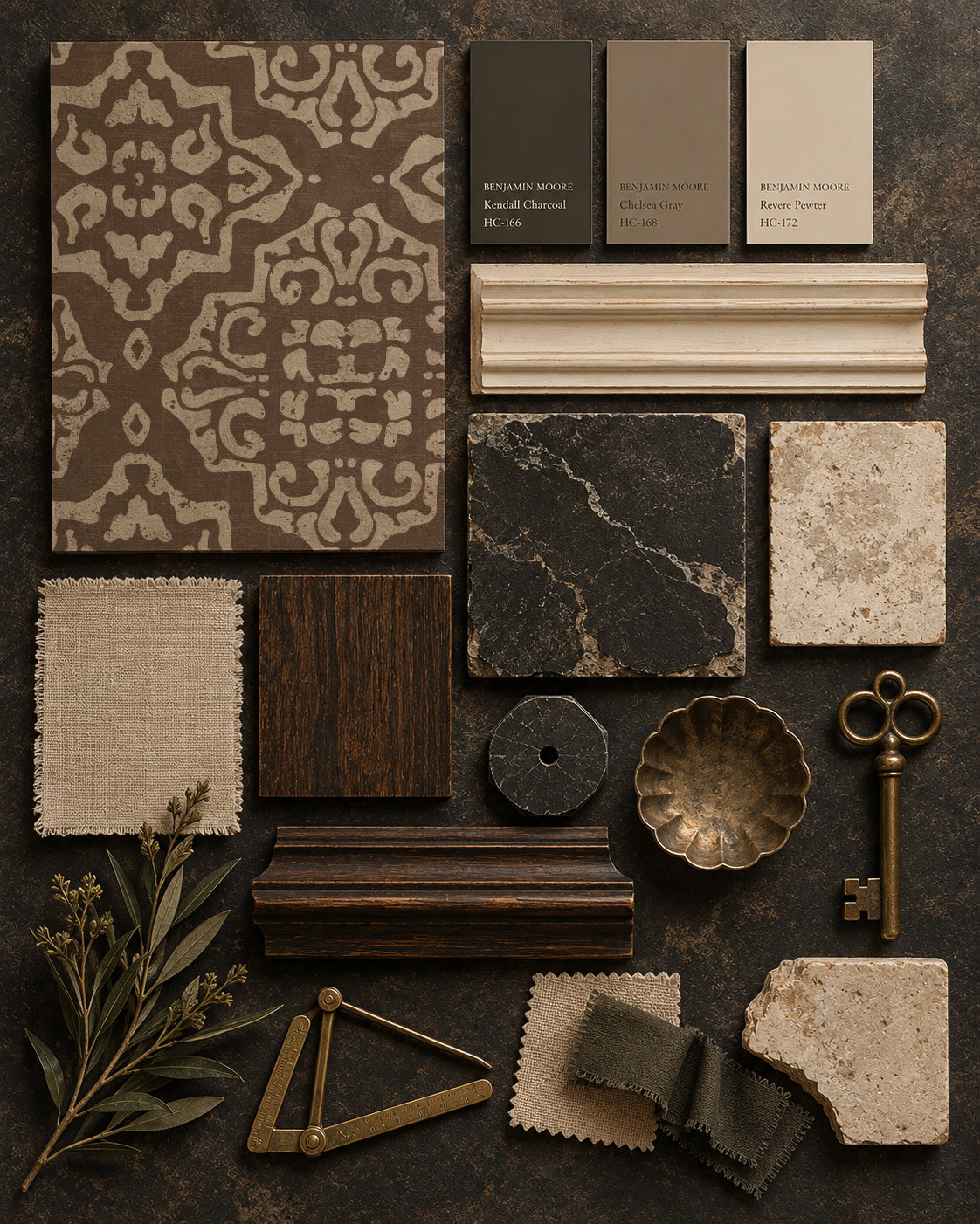 Mocha and cream ornamental damask wallpaper with decor samples.