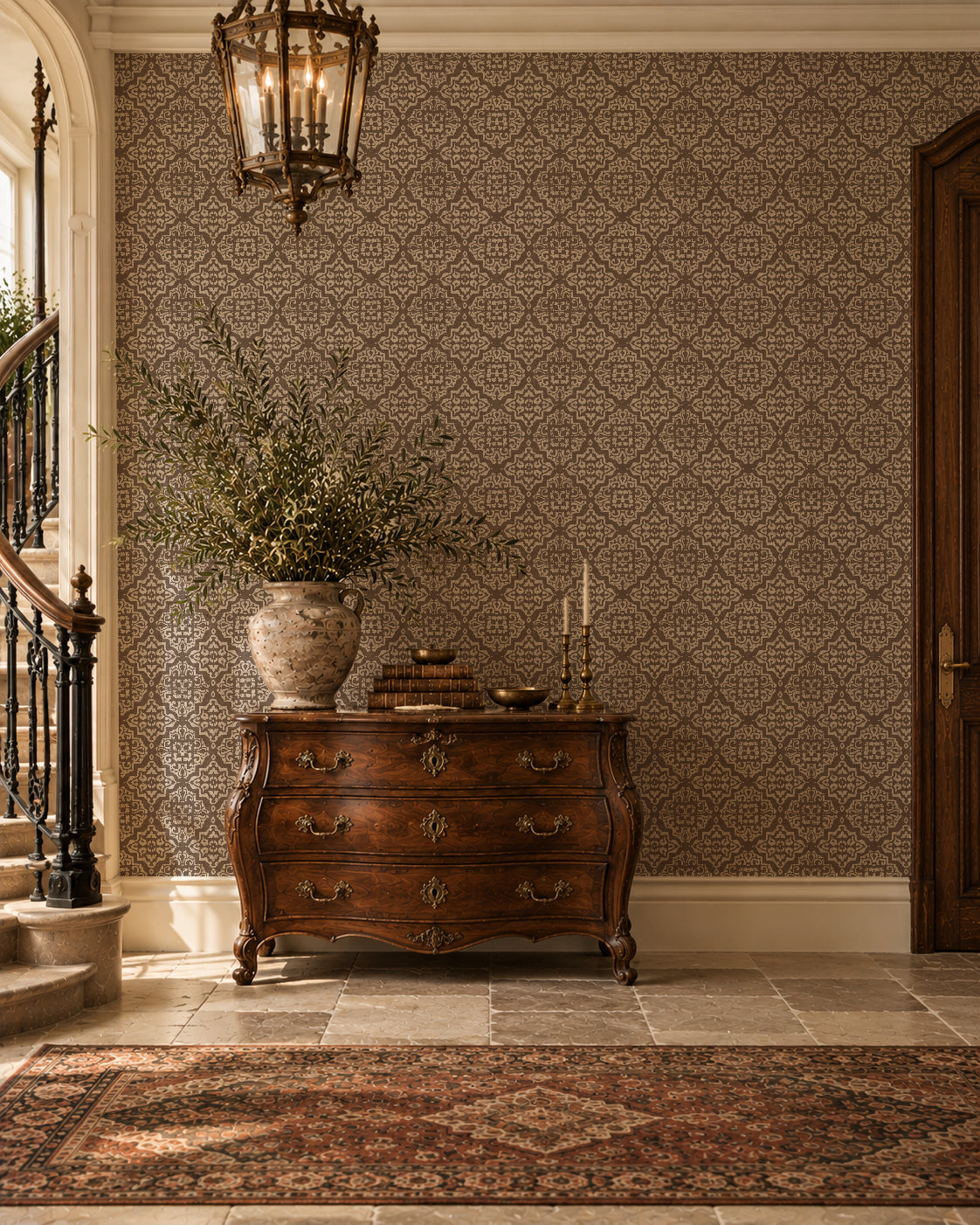 Mocha and cream damask wallpaper in elegant hallway with vintage furniture.