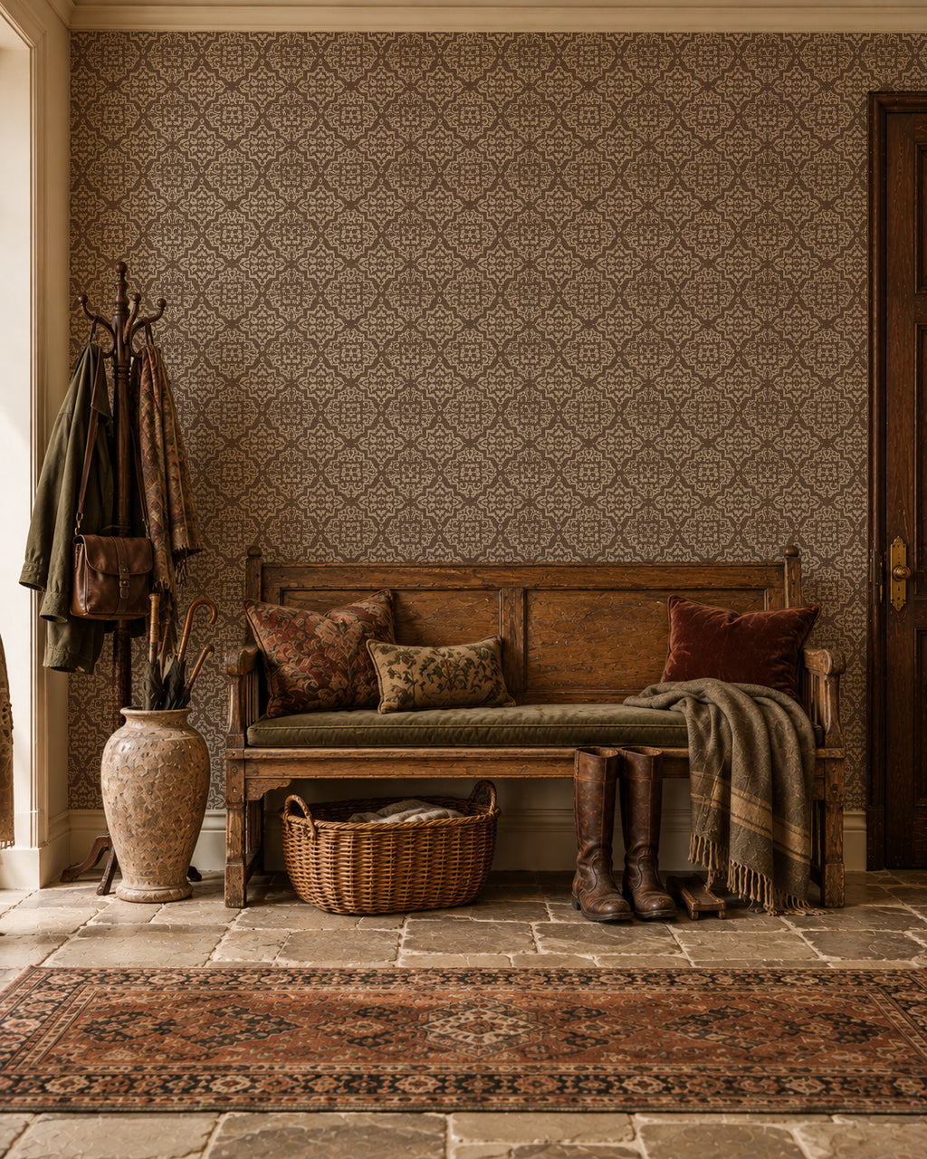 Mocha damask wallpaper in rustic entryway with bench and decor.