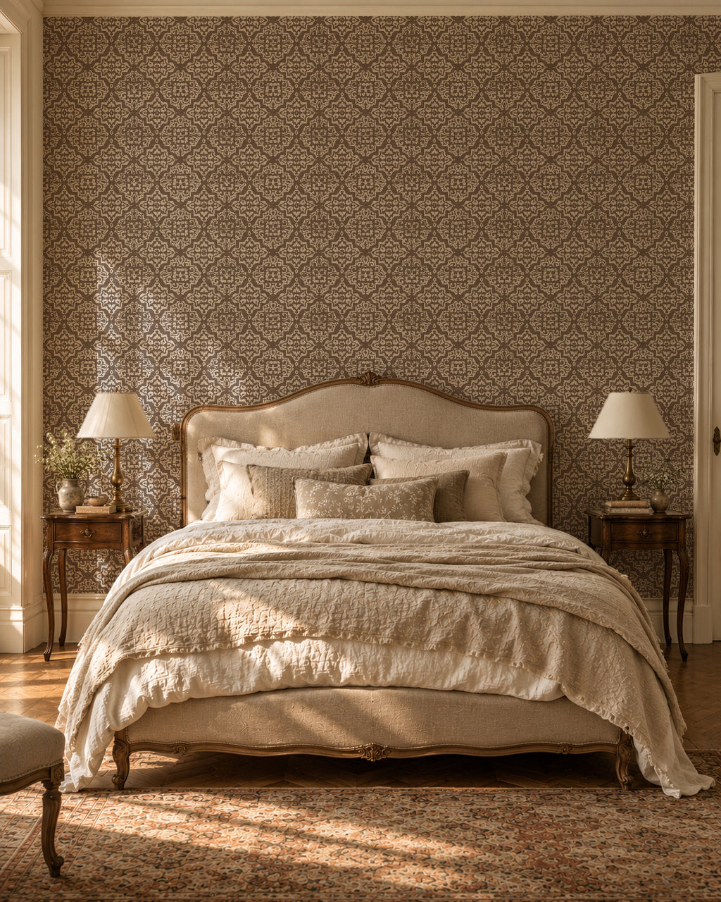 Elegant mocha damask wallpaper in vintage bedroom setting with soft lighting.
