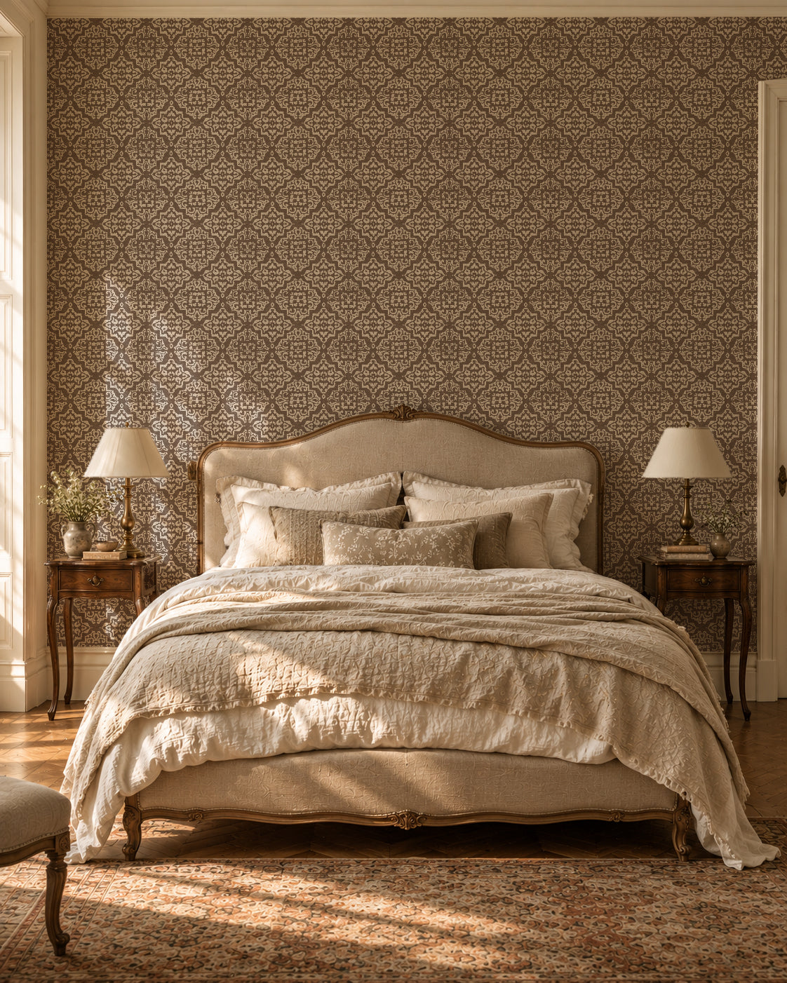 Elegant mocha damask wallpaper in vintage bedroom setting with soft lighting.