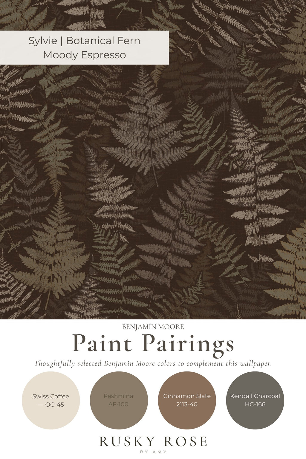 Moody espresso fern wallpaper with earthy tones and botanical pattern.