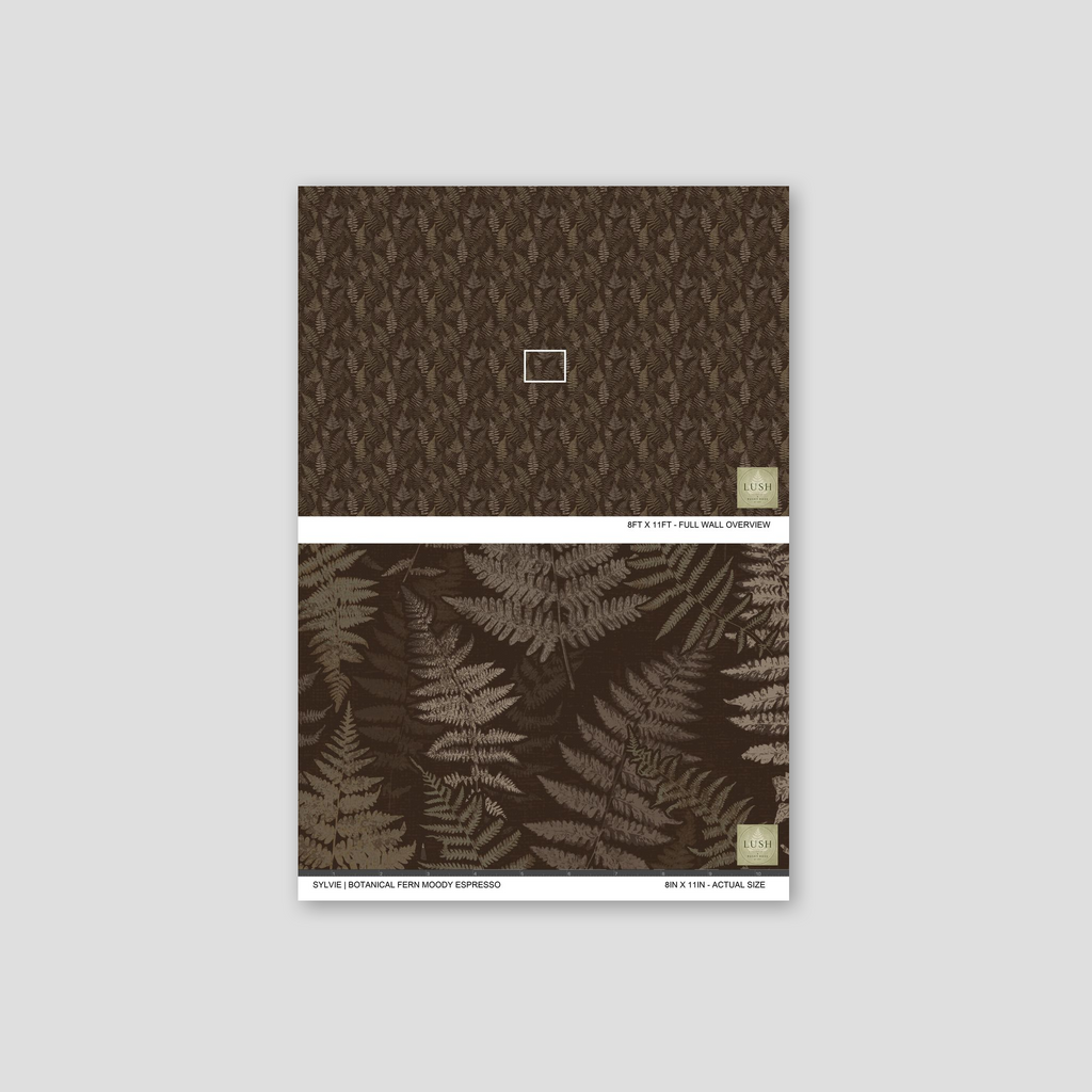 Moody espresso fern wallpaper with earthy tones and botanical pattern.