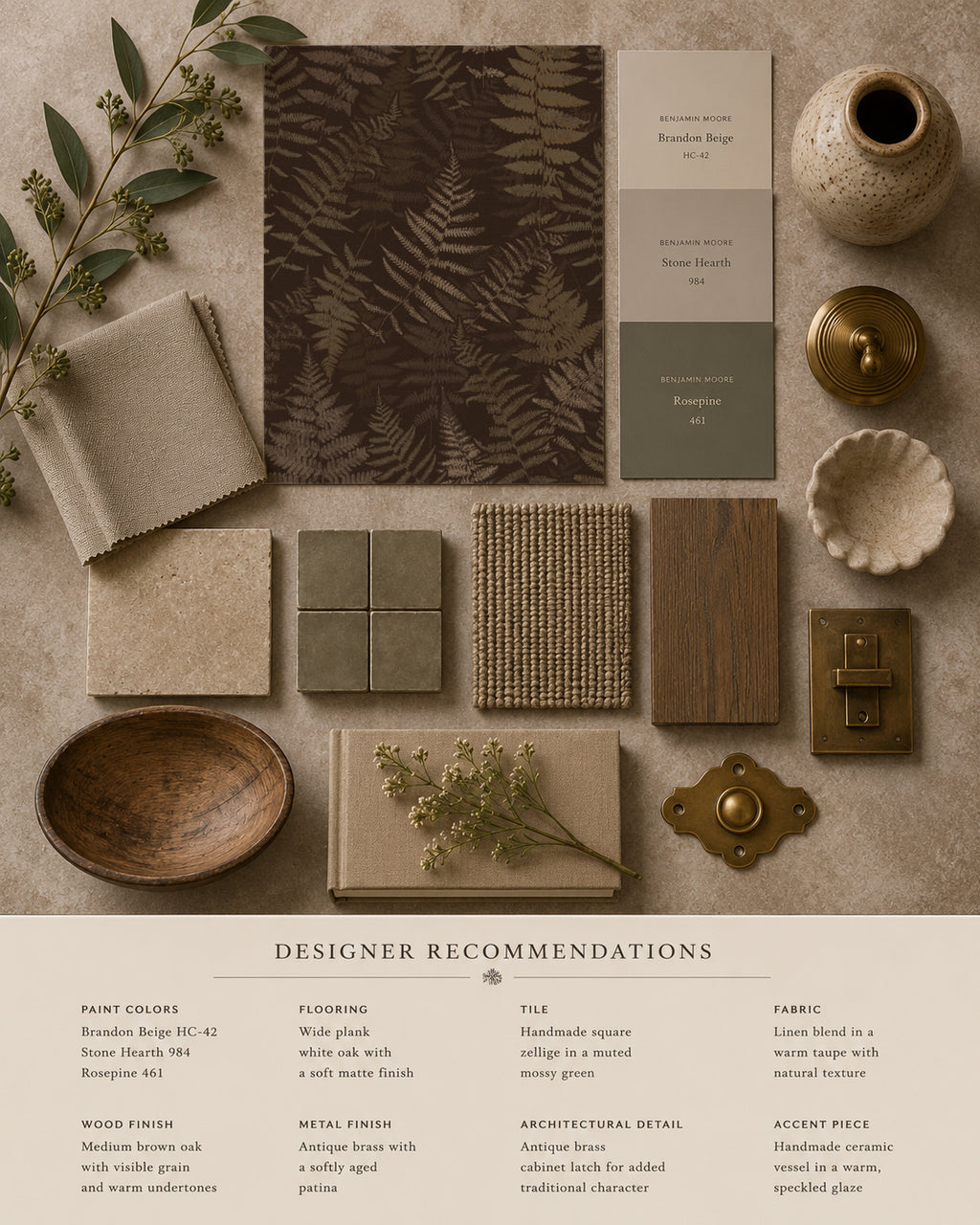 Moody espresso fern wallpaper sample with earthy decor elements.