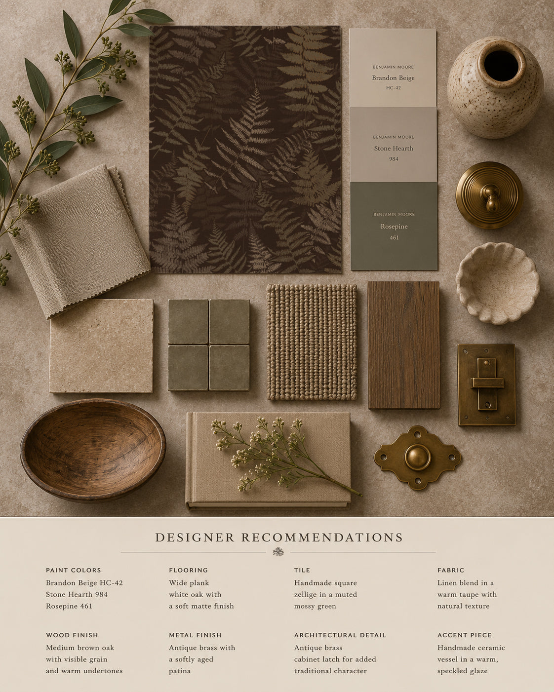 Moody espresso fern wallpaper sample with earthy decor elements.