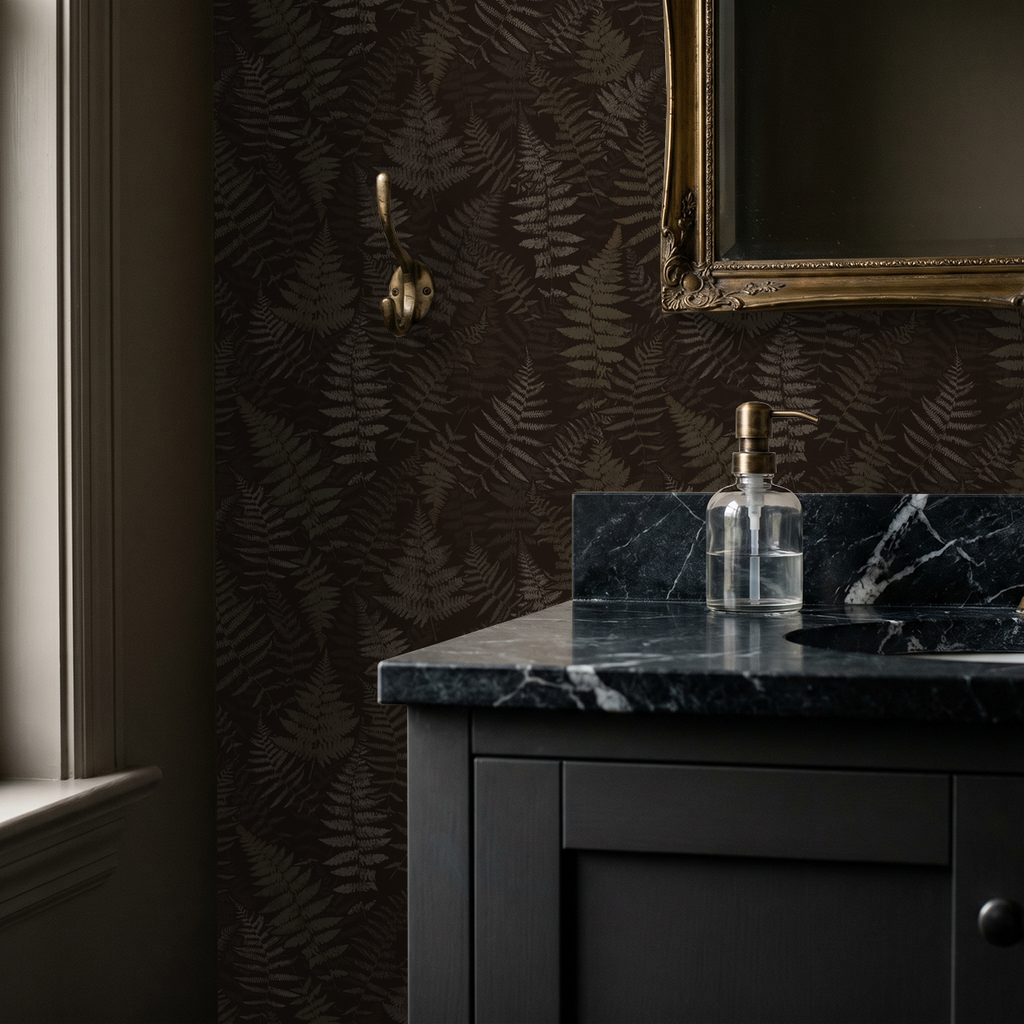 Moody espresso fern wallpaper in elegant bathroom setting with dark marble countertop.