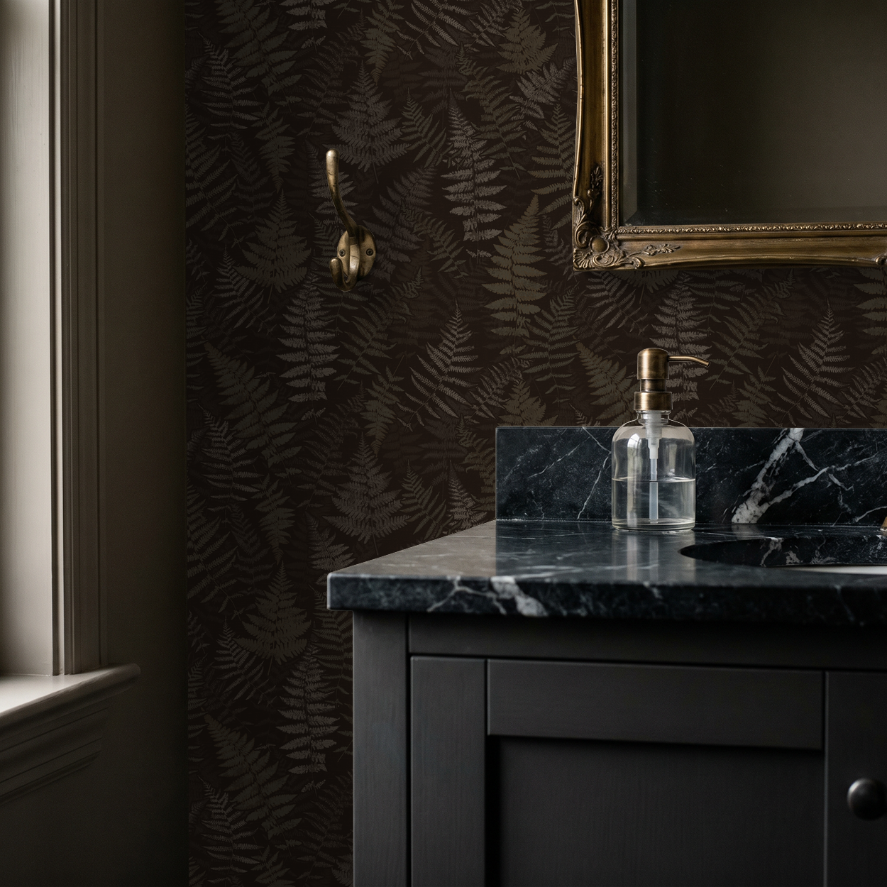 Moody espresso fern wallpaper in elegant bathroom setting with dark marble countertop.