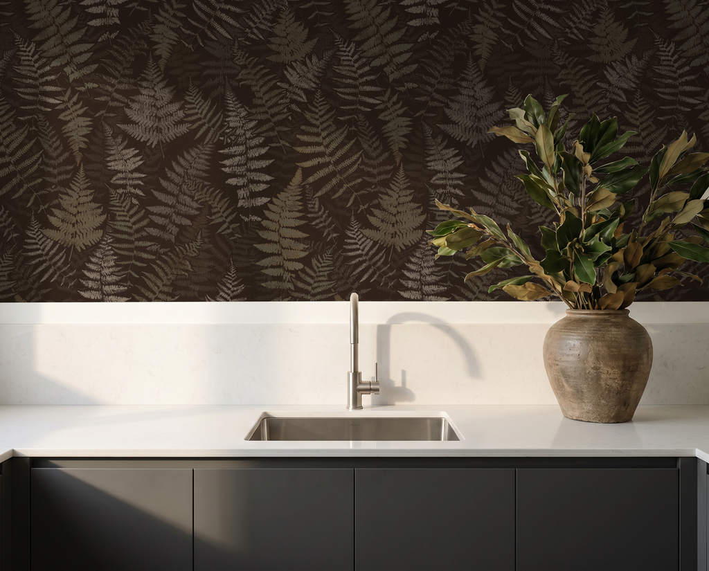 Moody espresso fern wallpaper in modern kitchen with vase