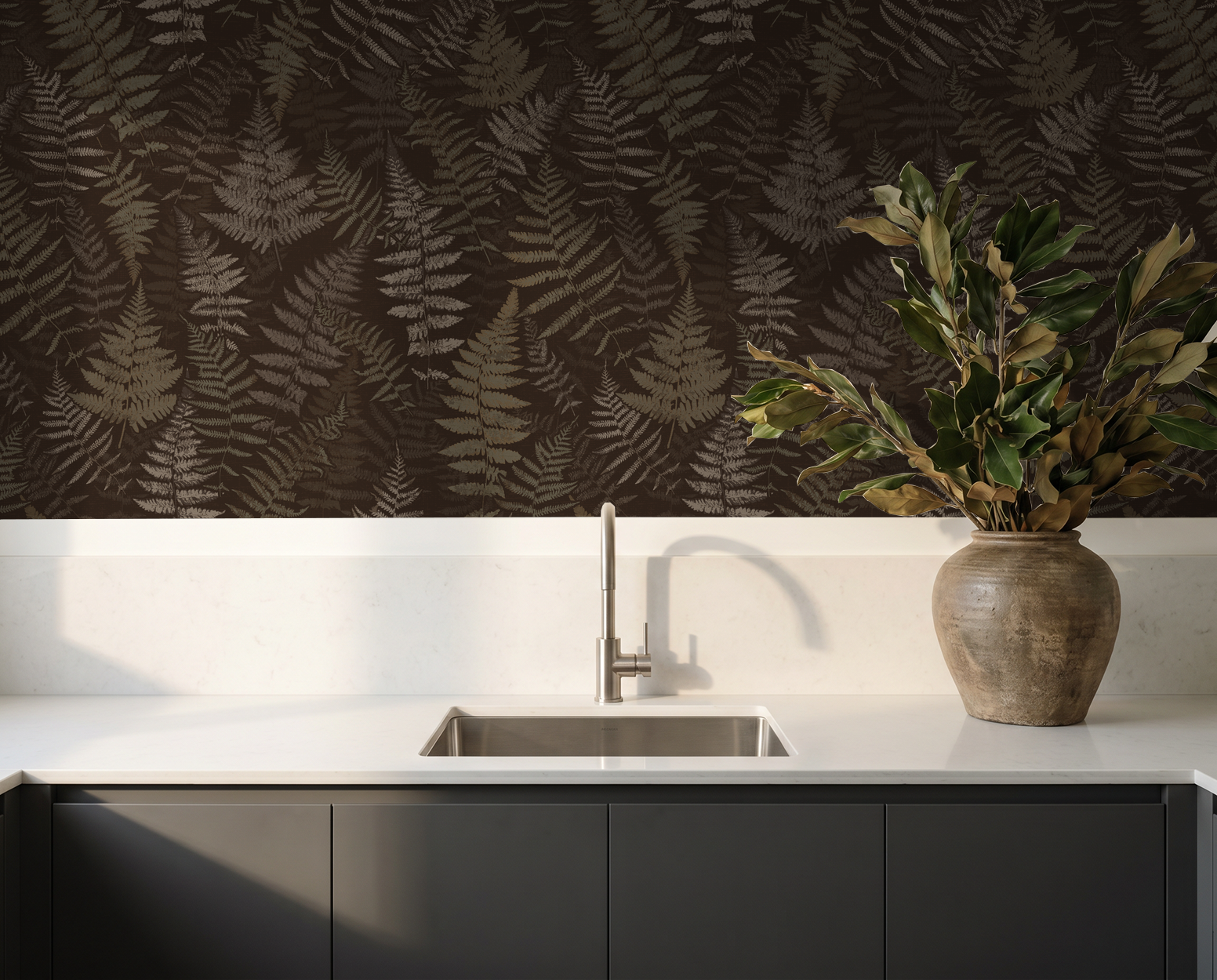 Moody espresso fern wallpaper in modern kitchen with vase