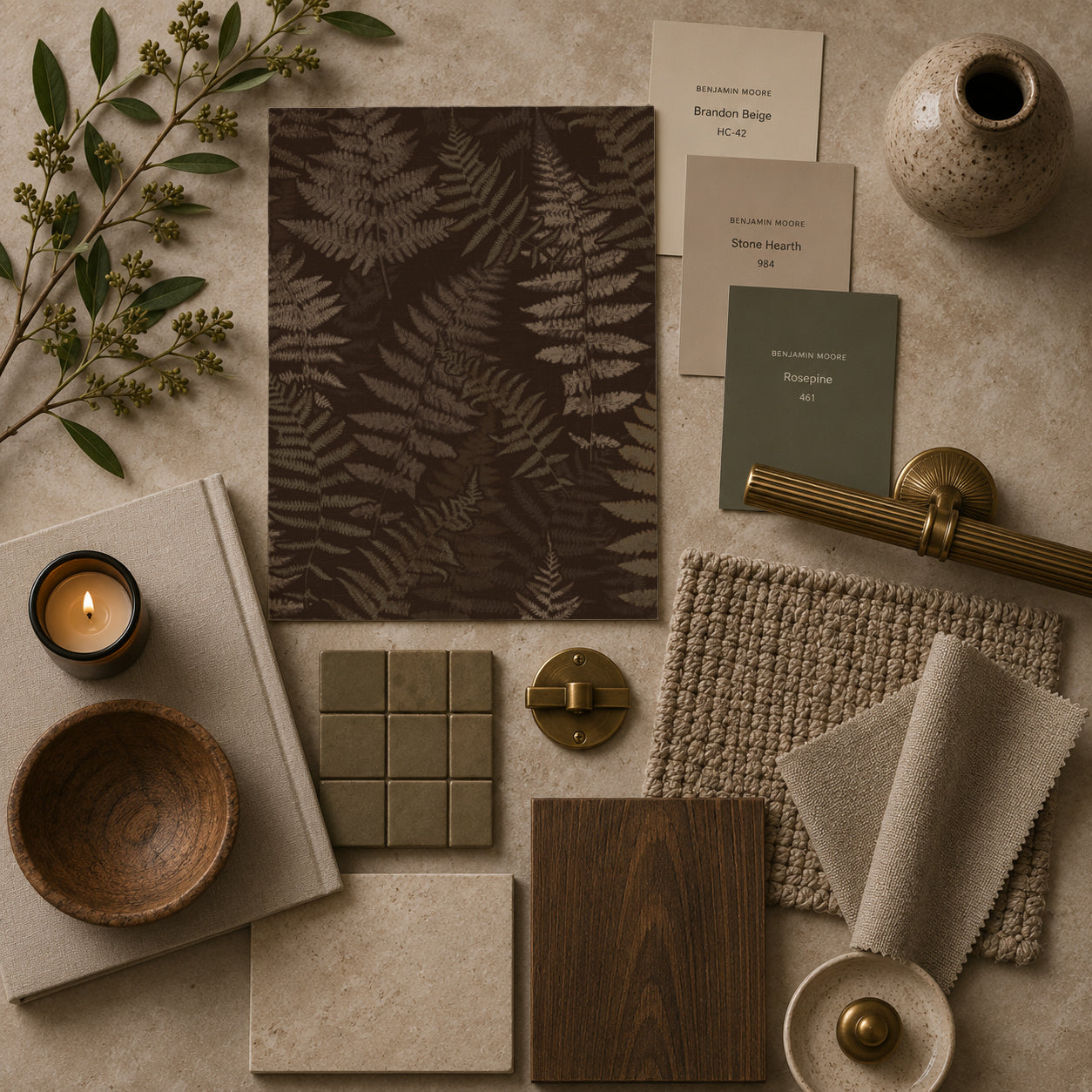 Moody espresso fern wallpaper sample with decor elements in earthy tones.