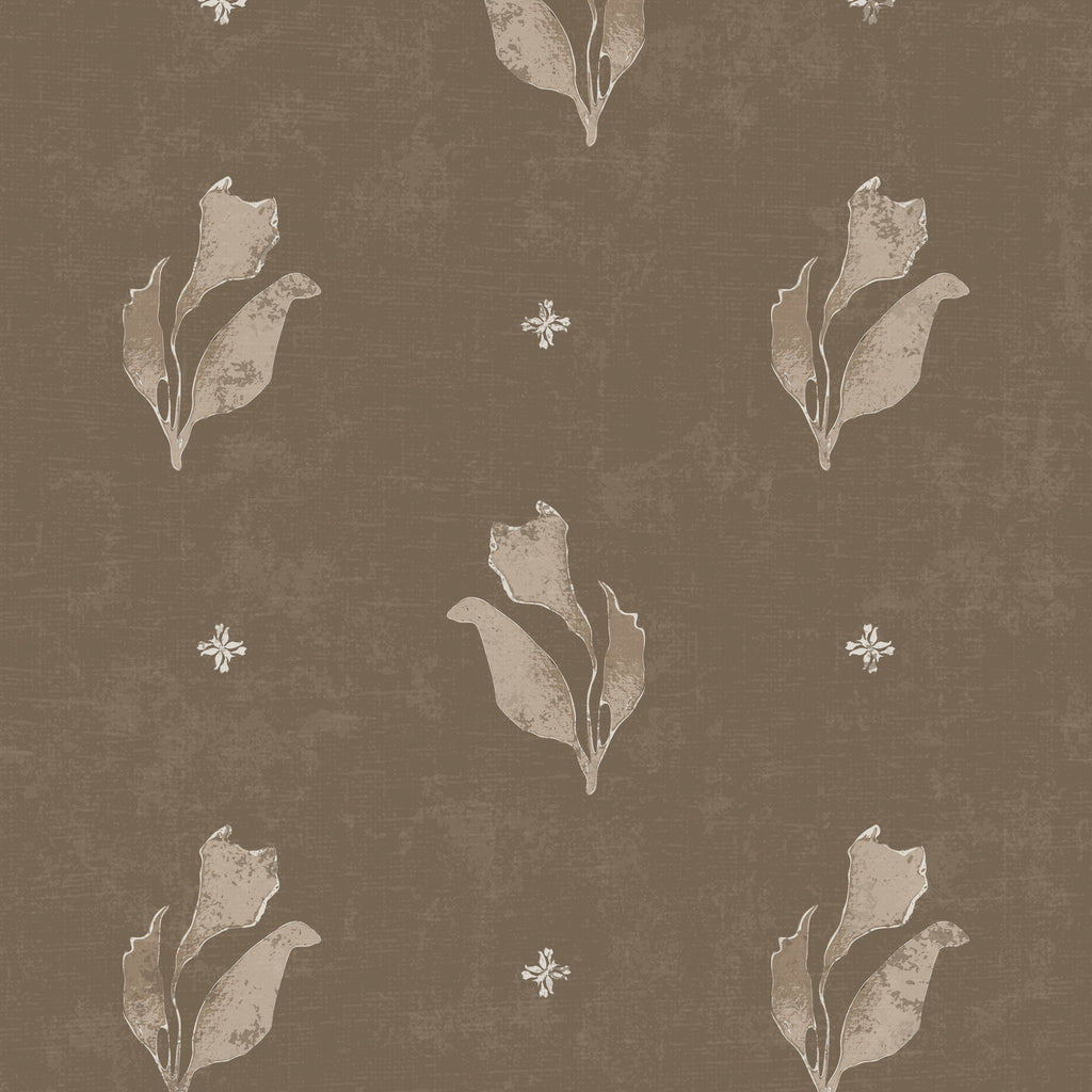 Moss brown wallpaper with delicate floral motifs and vintage texture.