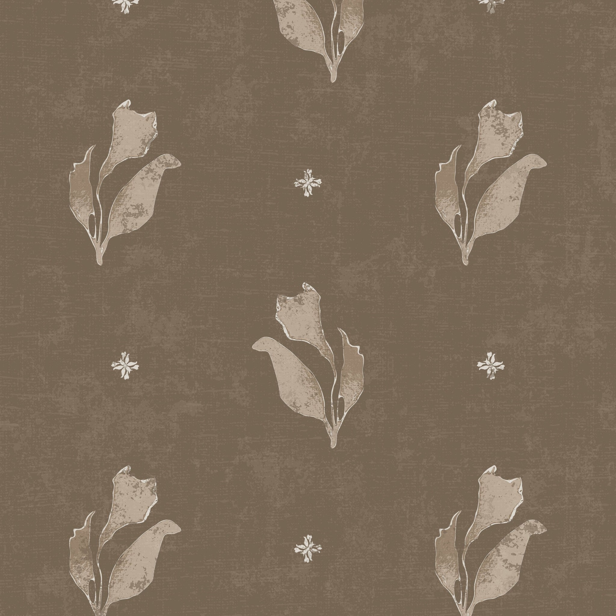 Moss brown wallpaper with delicate floral motifs and vintage texture.