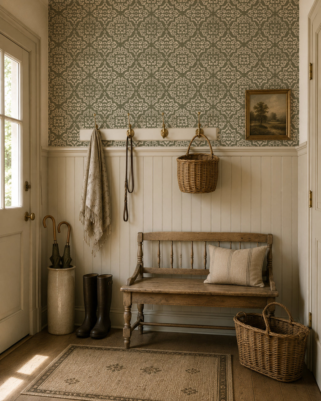 Ornate moss damask wallpaper in rustic entryway with bench and decor.