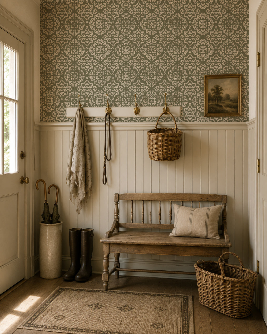 Ornate moss damask wallpaper in rustic entryway with bench and decor.