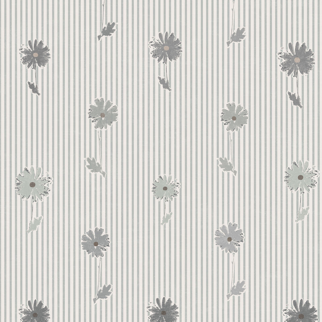 Navy daisy stripe wallpaper with floral motifs on a grey and white striped background