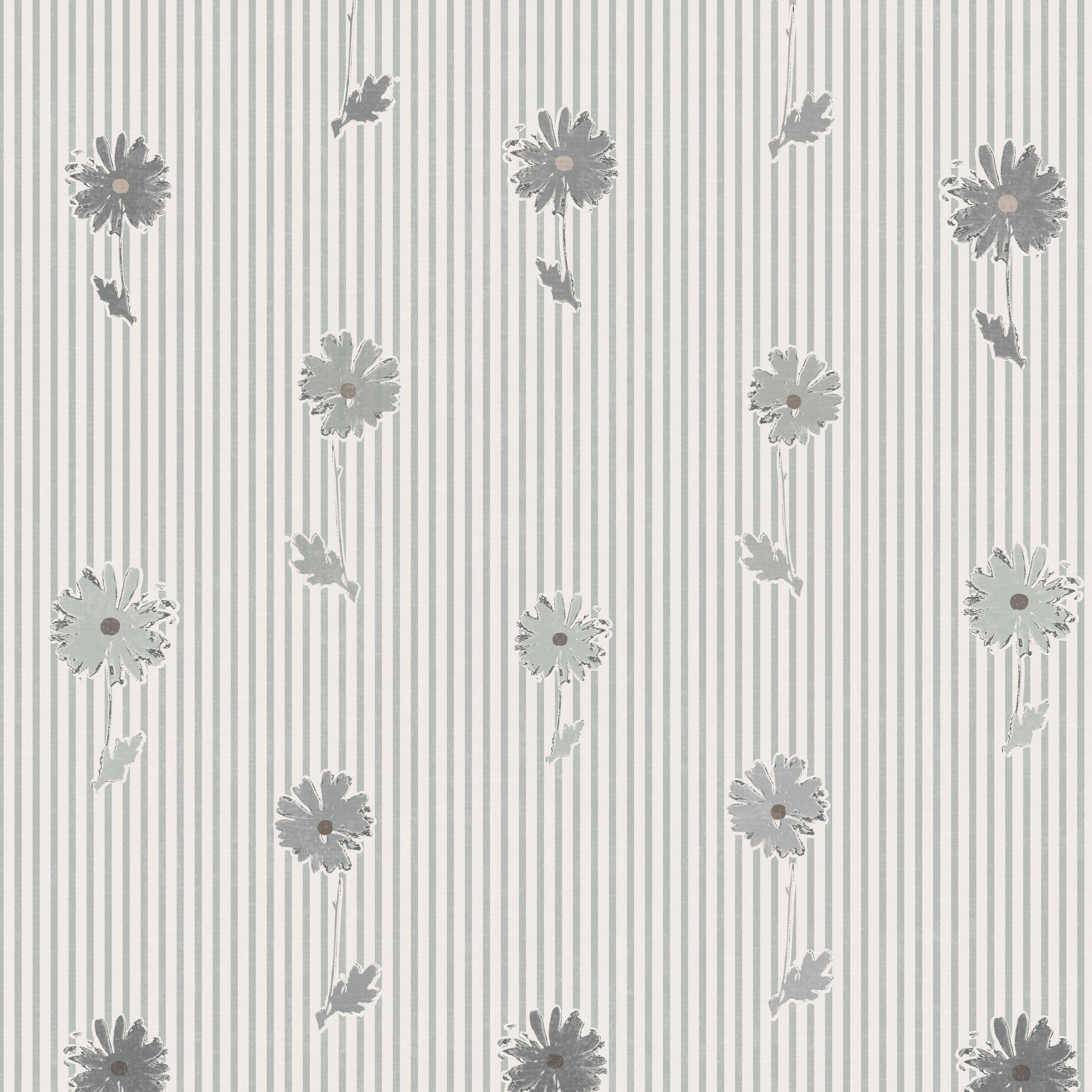 Navy daisy stripe wallpaper with floral motifs on a grey and white striped background