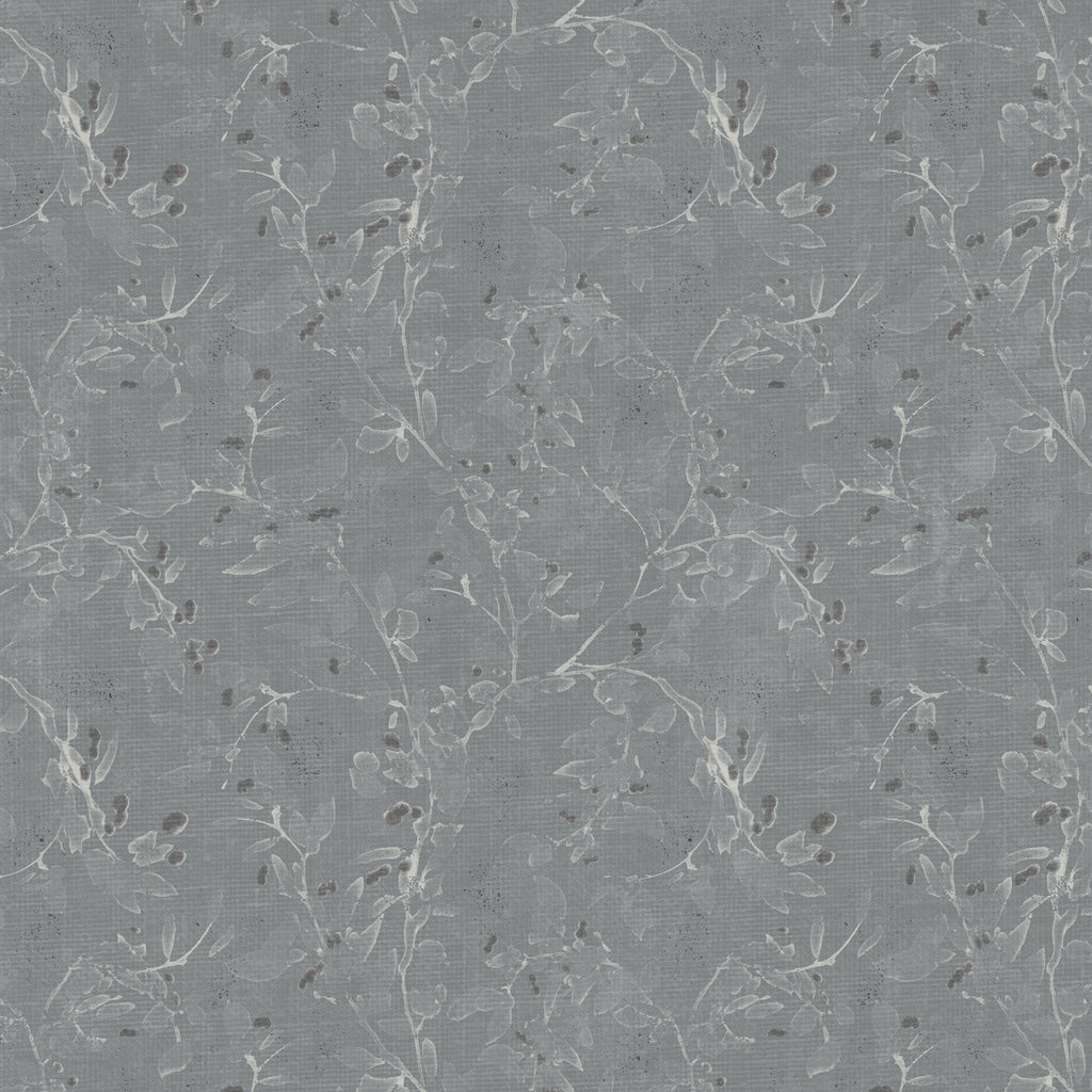 Navy floral vine wallpaper with delicate white branches on a blue-gray background.