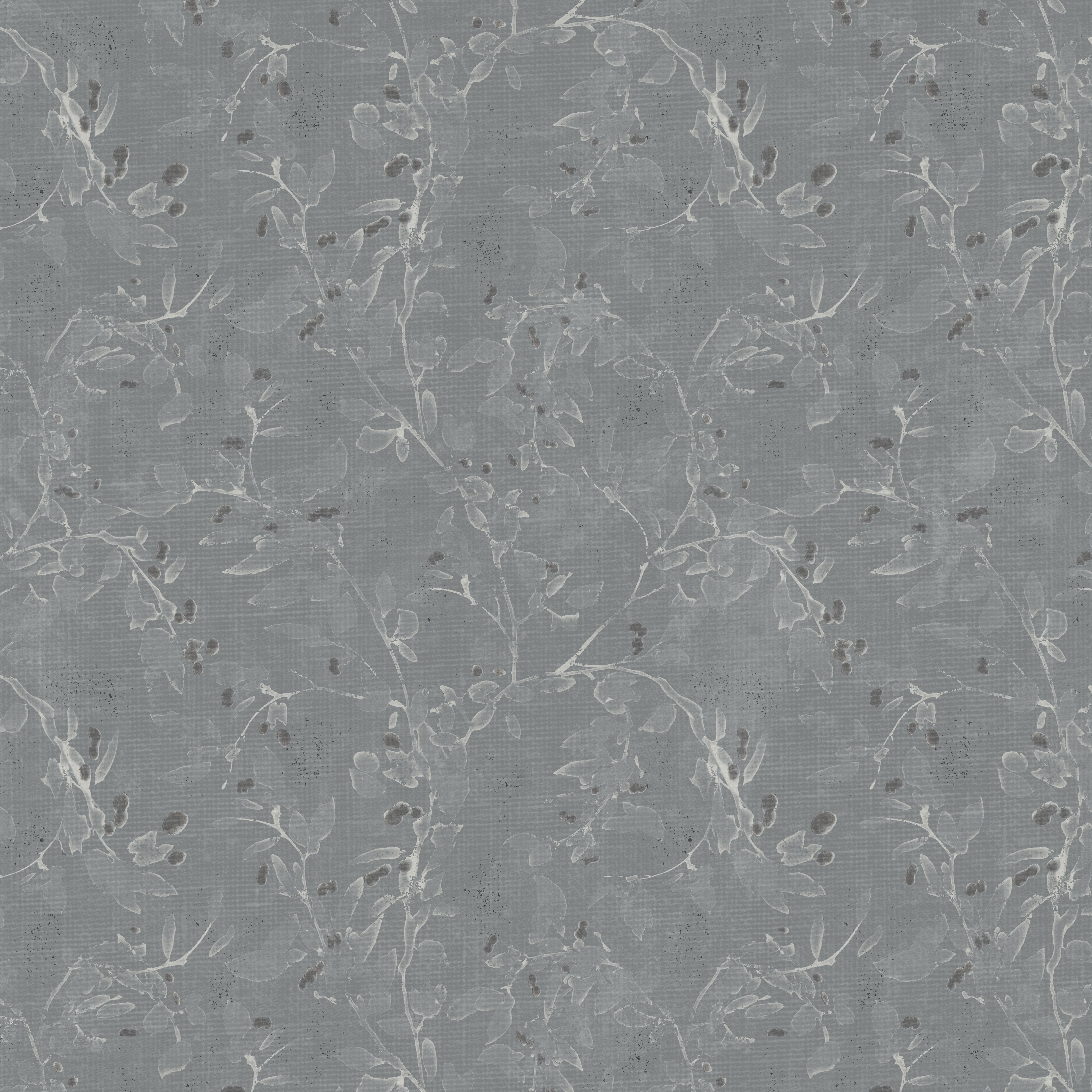 Navy floral vine wallpaper with delicate white branches on a blue-gray background.