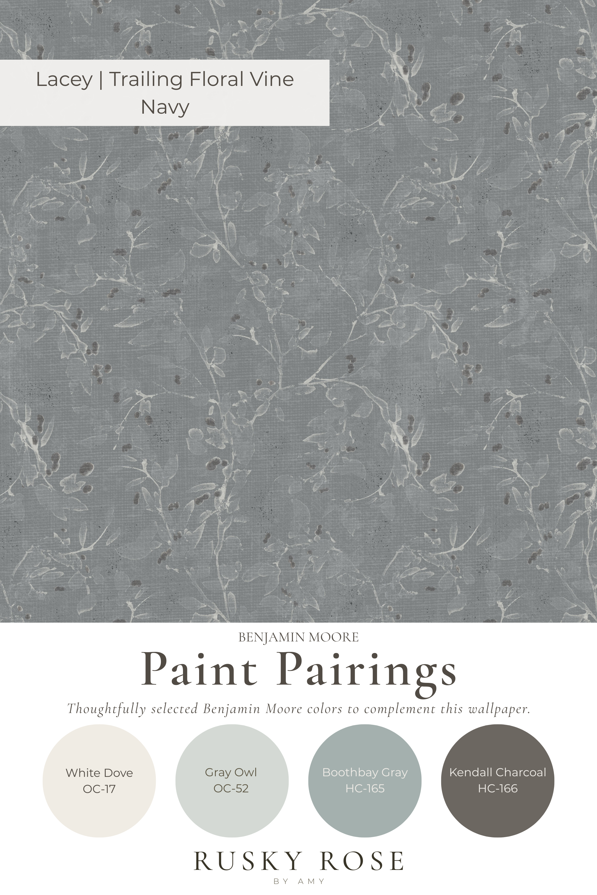 Navy floral vine wallpaper with muted blue-gray background and paint pairings.