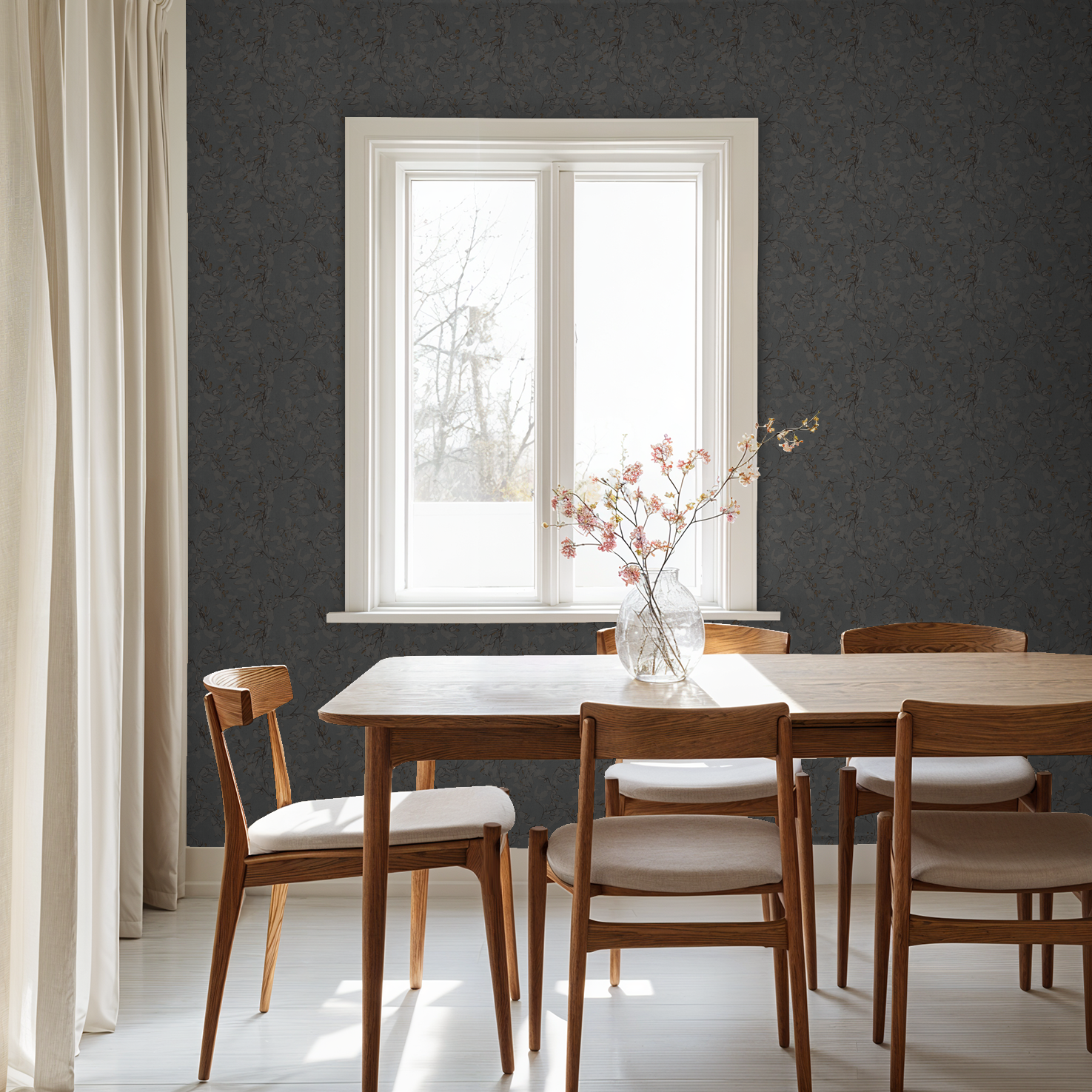 Navy floral vine wallpaper in dining room with wooden furniture and window view.