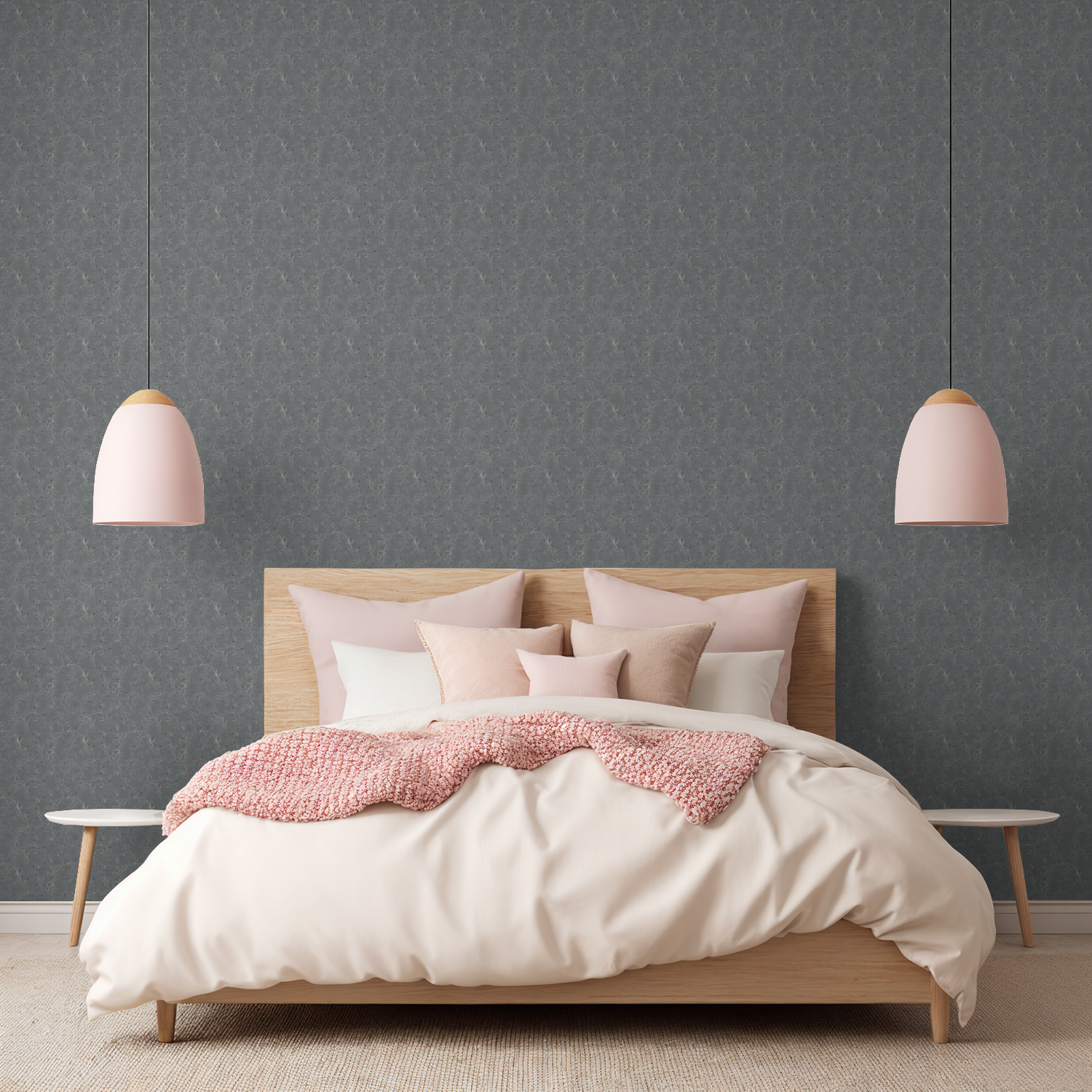 Navy floral vine wallpaper in serene bedroom with pink accents