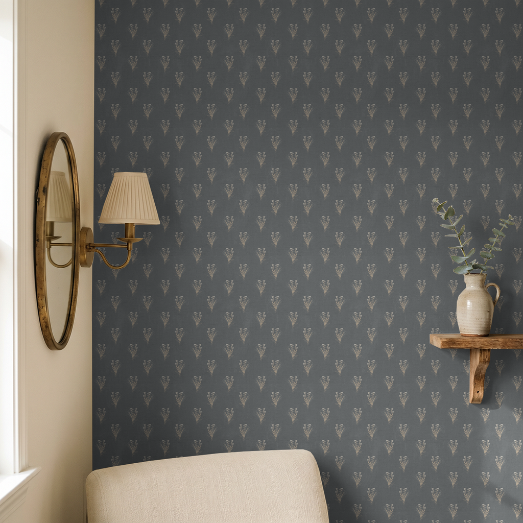 Navy floral wallpaper with wildflower pattern in cozy room setting
