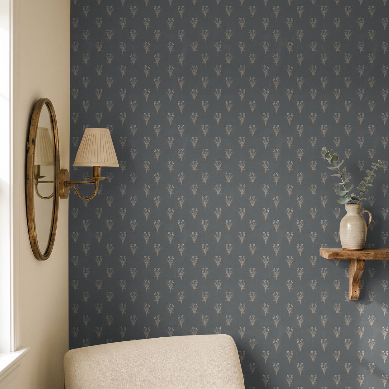Navy floral wallpaper with wildflower pattern in cozy room setting
