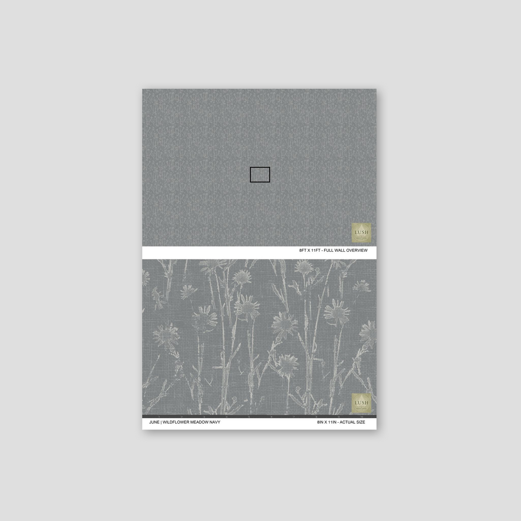 Navy floral wildflower wallpaper sample with delicate gray and off-white daisy pattern.