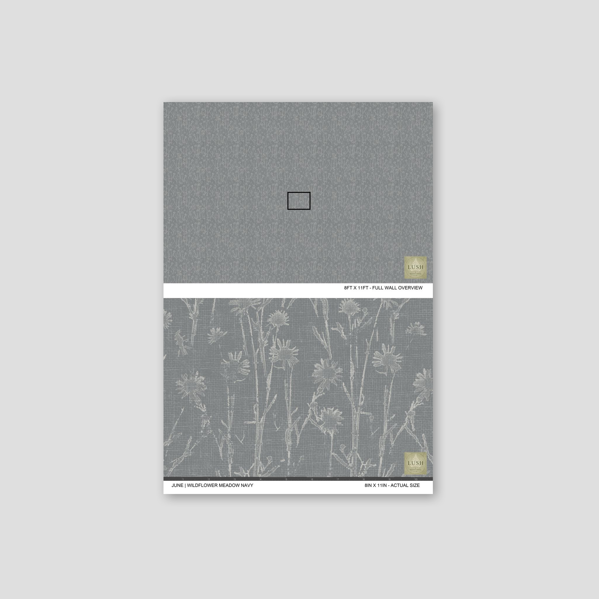 Navy floral wildflower wallpaper sample with delicate gray and off-white daisy pattern.