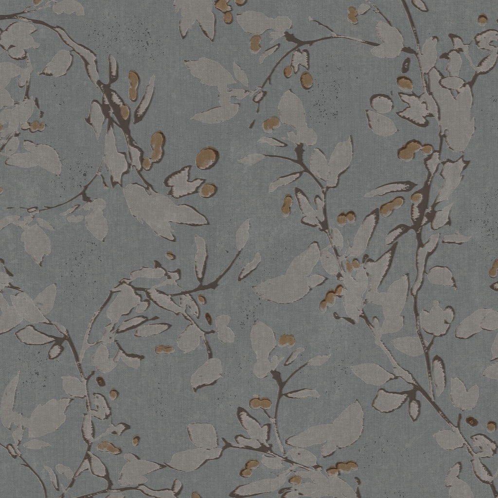 Navy ochre floral vine wallpaper with botanical motifs on a blue background.