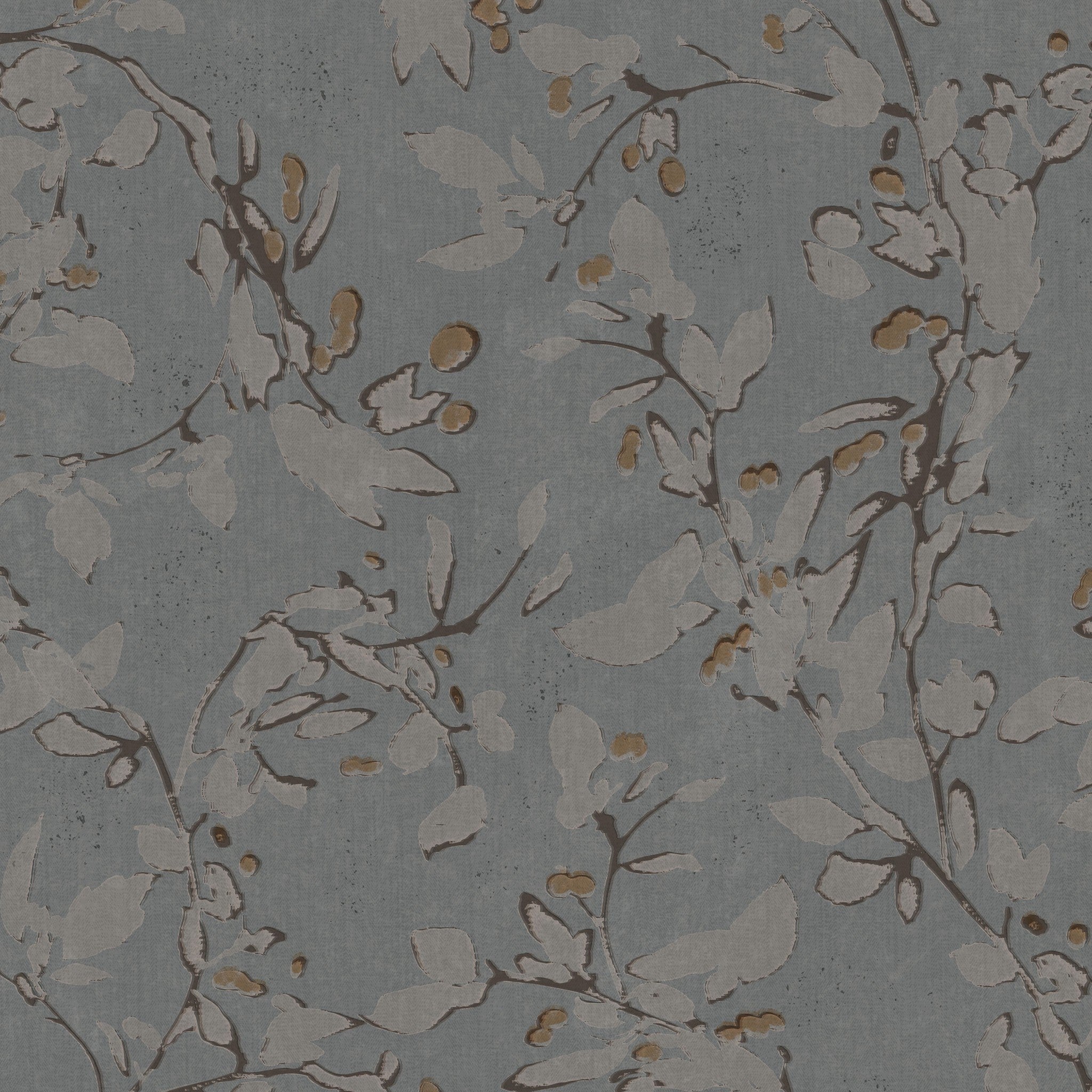Navy ochre floral vine wallpaper with botanical motifs on a blue background.
