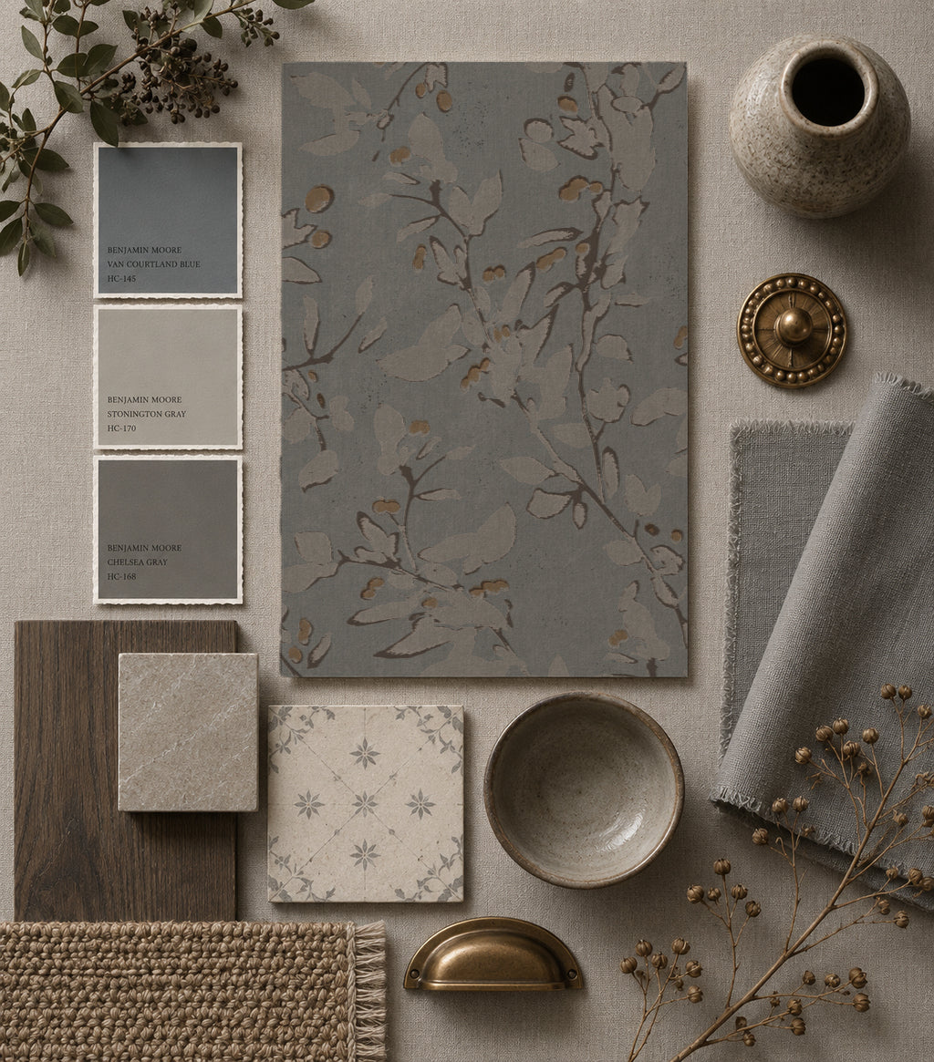 Navy ochre floral vine wallpaper with decor elements in neutral tones.