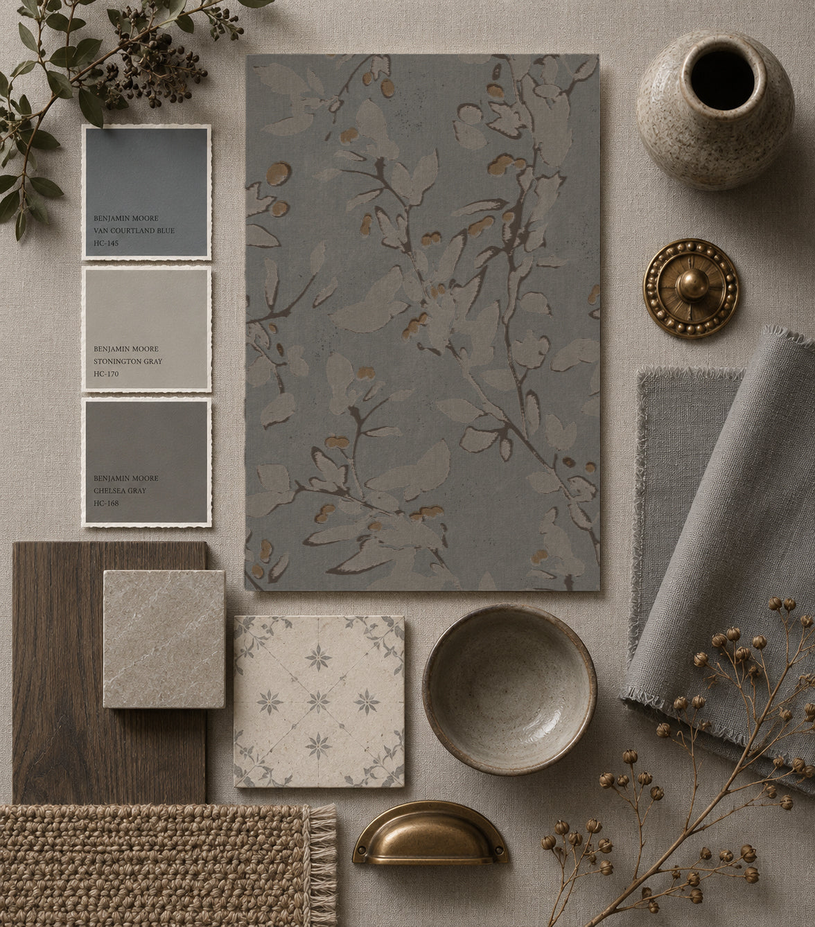 Navy ochre floral vine wallpaper with decor elements in neutral tones.