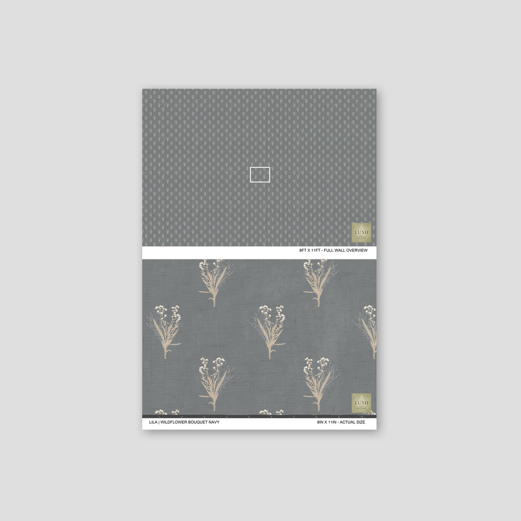 Navy wallpaper with delicate cream wildflower motifs on a muted blue-gray backdrop.