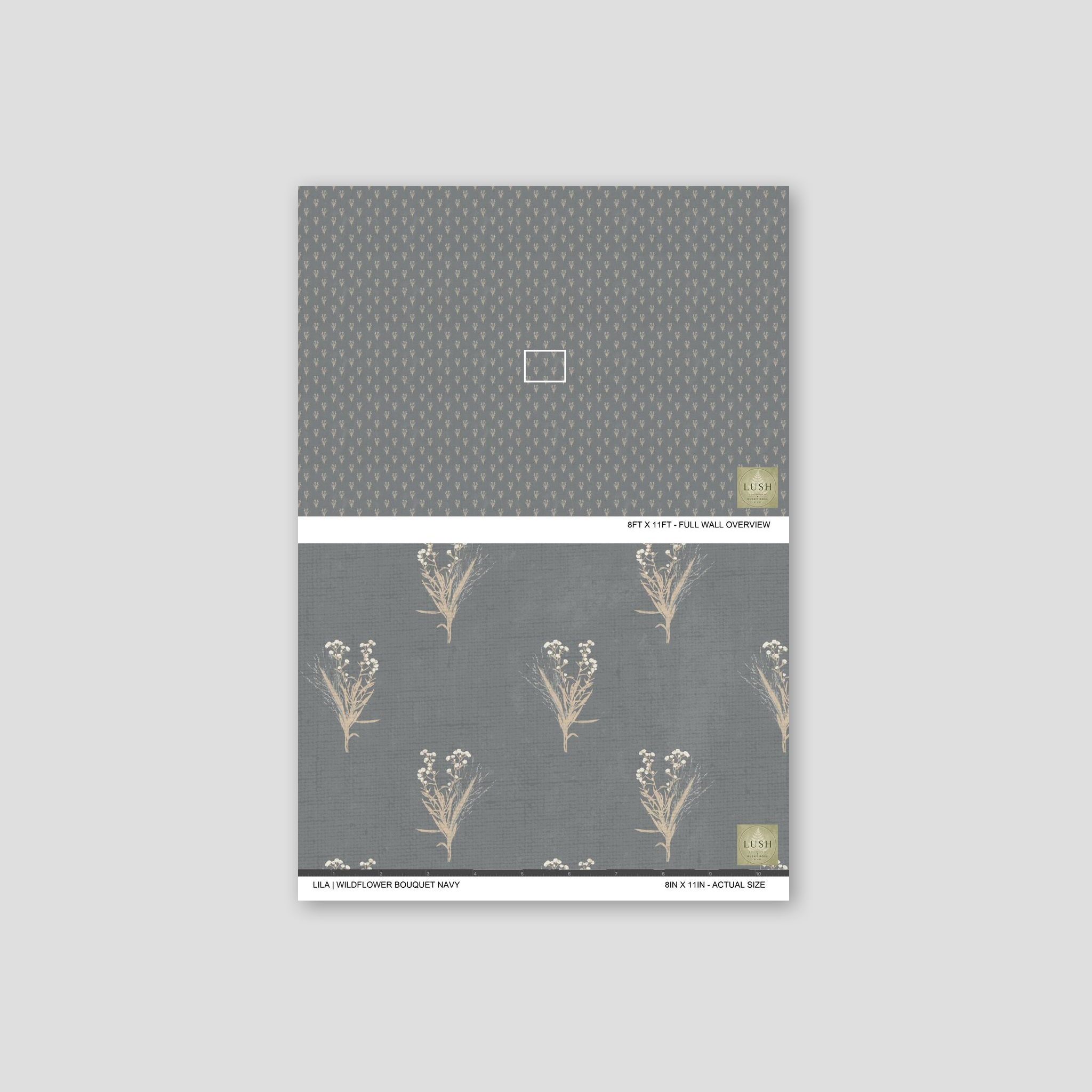 Navy wallpaper with delicate cream wildflower motifs on a muted blue-gray backdrop.