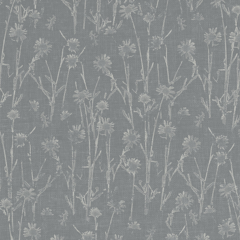 Navy wildflower meadow wallpaper with daisy pattern in minimalist style.