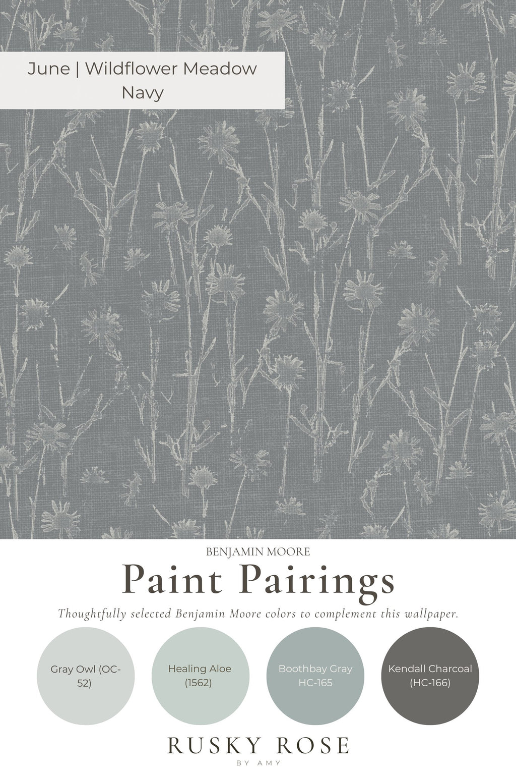Navy wildflower meadow wallpaper with delicate gray floral pattern.