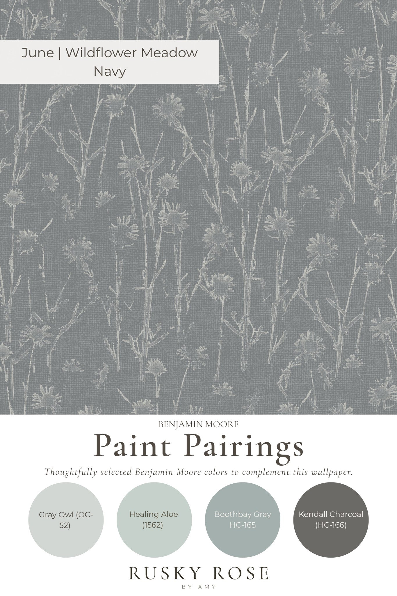 Navy wildflower meadow wallpaper with delicate gray floral pattern.