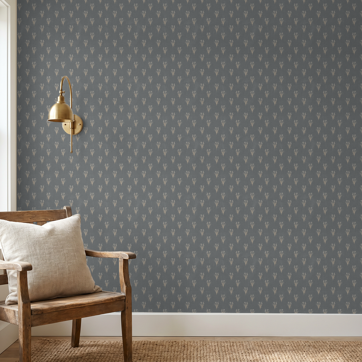 Navy wallpaper with cream wildflower pattern in cozy room with wooden chair.