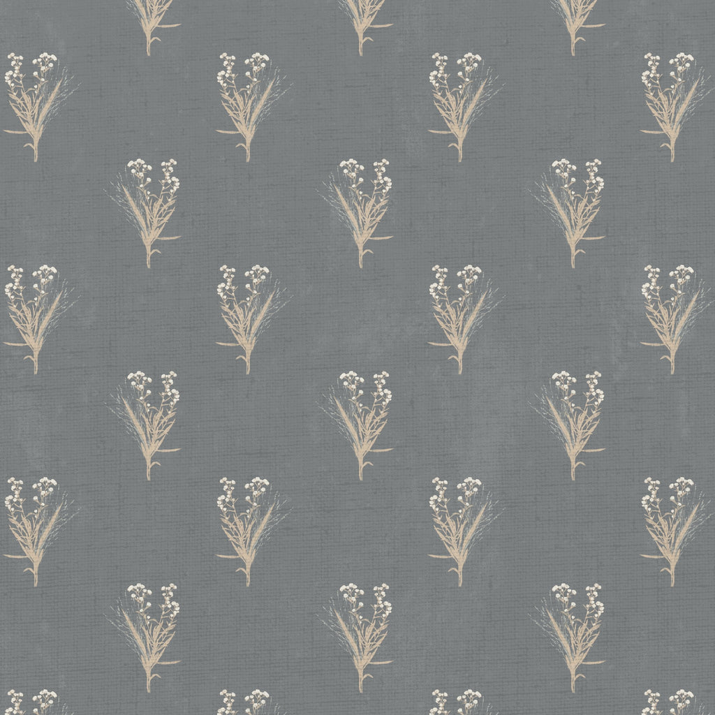 Navy wallpaper with cream wildflower motifs on a muted blue-gray background.