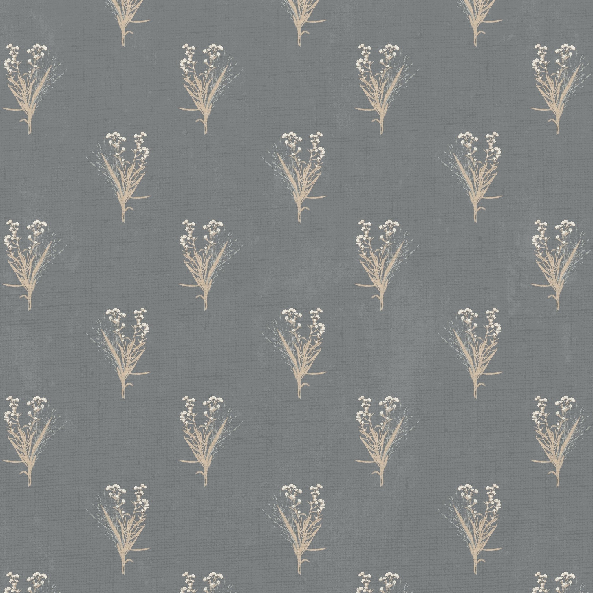 Navy wallpaper with cream wildflower motifs on a muted blue-gray background.