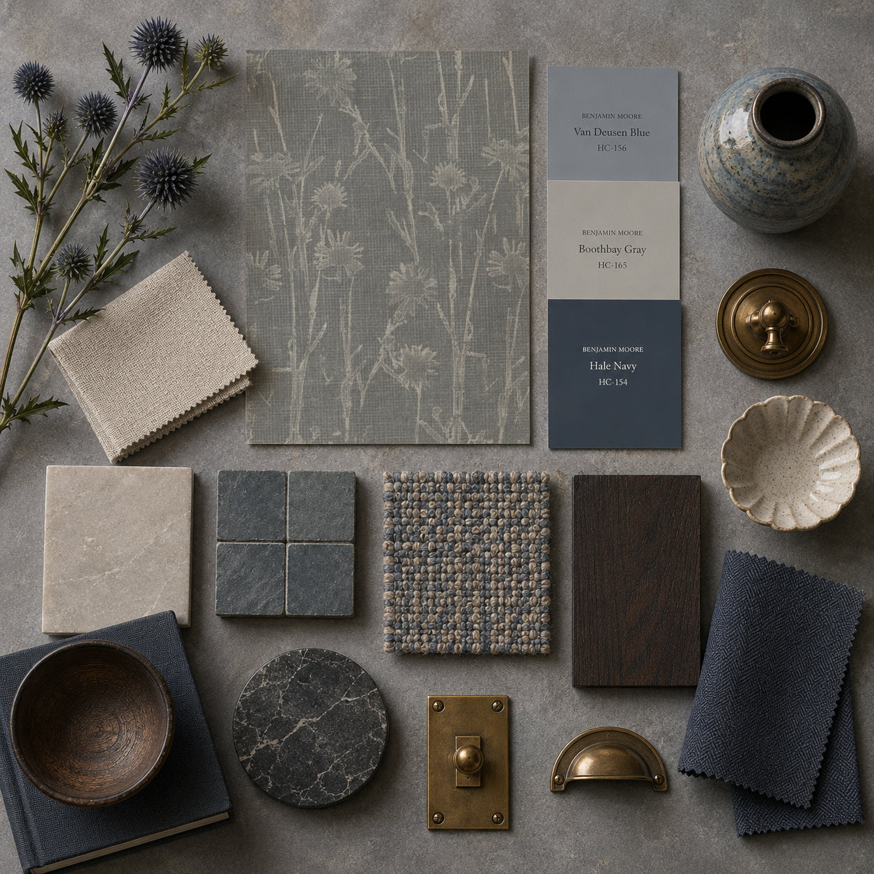 Navy wildflower wallpaper sample with decor swatches and accessories.